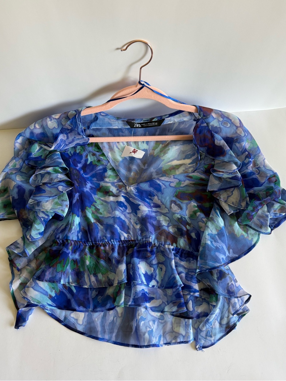 Zara Sheer Blue Teal White Floral Blouse XS NWT - Picture 8 of 16
